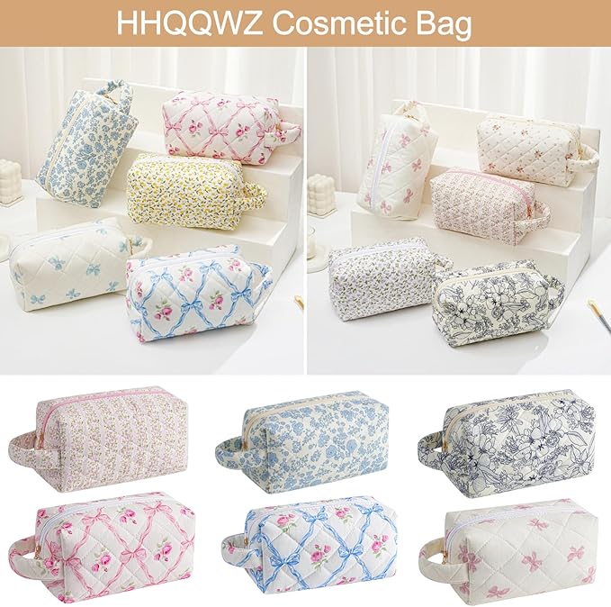Makeup Bag Travel Cosmetic Bag for Women, Zipper Make Up Pouch, Floral Flowers Toiletry Organizer Makeup with Handle, Cosmetic Travel Cloth Bag (Pink Bowknot)