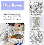 2Pcs Floral Makeup Bag for Women Cotton Quilted Coquette Cosmetic Bag Cute Zipper Black Flower Makeup Pouch Aesthetic Portable Pencil Pouch Travel Toiletry Bag Trendy Cloth Skincare Bag