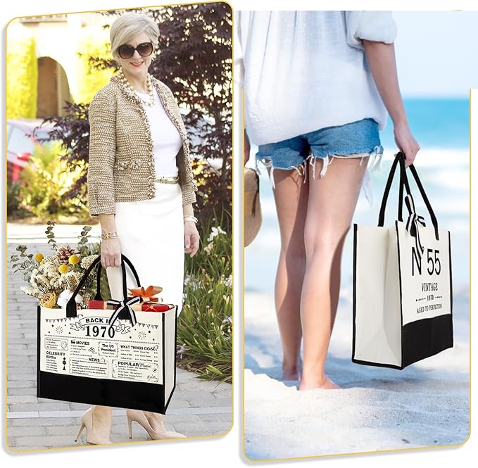 55th Birthday Gifts for Women Canvas Tote Bag Travel Gear,Unique 55 Years Old Gifts for Wife Mom Sister Aunt Friends Her, Vintage N°55 Handbag & Cosmetic Bag & Back in 1970 Poster