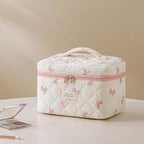HBselect Quilted Makeup Bag, 3PCS Cotton Large Travel Makeup Bag, Cute Floral Coquette Make up Bag Cosmetic Bag Toiletry Bag for Women Girls
