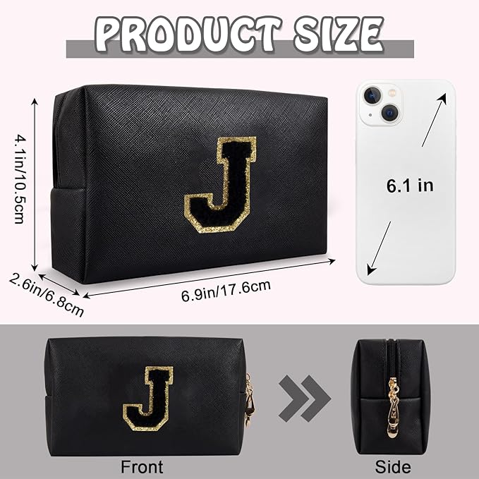 Personalized Preppy Small Travel Makeup Bag, Initial Cute Chenille Letter Black Makeup Case Cosmetic Pouch Toiletry Organizer, PU Leather Waterproof Make Up Storage Preppy Stuff for Women(Letter J)