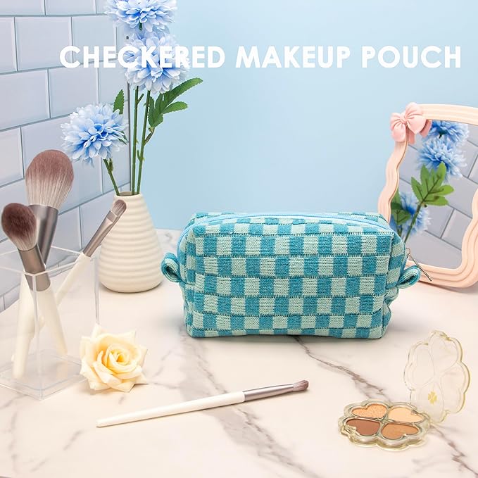 PAZIMIIK Checkered Makeup Bag for Purse Portable Zipper Make Up Pouch Small Cosmetic Case for Travel Accessories (2PCS Lake Blue)