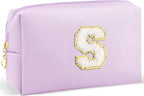 Gifts for Girls Initial Makeup Bag Personalized Cosmetic Bag with Zipper Cute Travel Toiletry Bag Waterproof PU Preppy Makeup Pouch Birthday Gift for Teen Girls Women(Purple S)