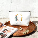 Personalized Makeup Bag Initial&Birth Flower Custom Small Travel Cosmetic Bag with Name Cute Makeup Bag for Women Girls