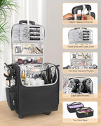 Relavel Rolling Makeup Train Case with 4 Pcs Clear Makeup Bags, Hairstylist Traveling Bag with 4 Wheels, Heat Insulation Full Layer, Adjustable Dividers, Hair Tools and Cosmetics Storage Organizer