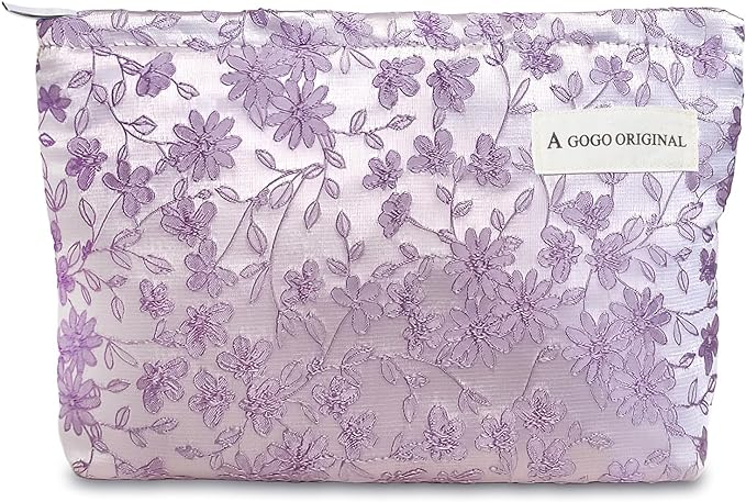 STARDW Aesthetic Floral Makeup Bag Cute Small Cosmetic Bags for Women Girls, Travel Toiletry Bag Large Capacity Zipper Makeup Pouch, Purse Organizer Pouches (Embroidery Purple)