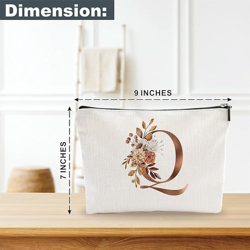 A-Z Boho Personalized Cosmetic Bag-Floral Cotton Letter Makeup Bag With Zipper-Artistic Cosmetic Bag For Travel-Bride,Birthday Gift For Women Daughter Friends-Women Makeup Organizer-A17