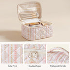 HBselect Quilted Makeup Bag, 3PCS Cotton Large Travel Makeup Bag, Cute Floral Coquette Make up Bag Cosmetic Bag Toiletry Bag for Women Girls