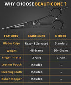 BEAUTICONE ® Hair Cutting Scissors - High Carbon SS 6.5" Professional Barber-Grade Salon Shears with Serrated & Razor Edge - Black Premium Gift Box with Leather Pouch & Extra Accs - Ultra Lightweight