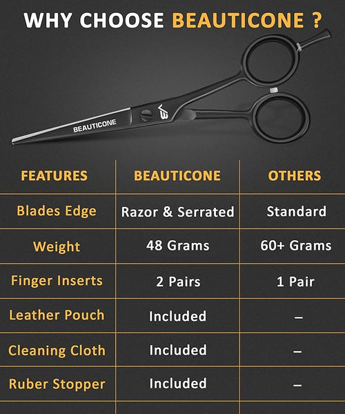 BEAUTICONE ® Hair Cutting Scissors - High Carbon SS 6.5" Professional Barber-Grade Salon Shears with Serrated & Razor Edge - Black Premium Gift Box with Leather Pouch & Extra Accs - Ultra Lightweight