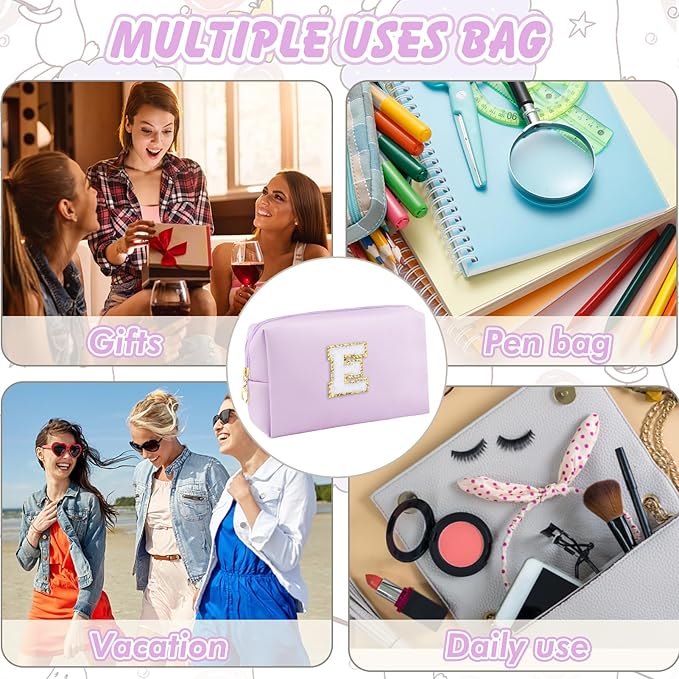 Gifts for Girls Initial Makeup Bag Personalized Cosmetic Bag with Zipper Cute Travel Toiletry Bag Waterproof PU Preppy Makeup Pouch Birthday Gift for Teen Girls Women(Purple E)