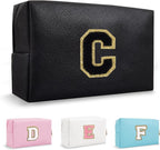 Personalized Initial Preppy Patch Makeup Bag, Small Cute Black Travel Toiletry Pouch Monogram Cosmetic Organizer with Zipper, PU Waterproof Make Up Case Storage Gift for Coworker Teacher Her(Letter C)