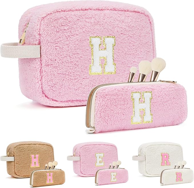 2PCS Makeup Bag with Initials, Christmas Day Gifts for Teen Girls Trendy Stuff, Personalized Cosmetic Travel Bag Pouch for Granddaughter, Cute Plush Make up Bags for Birthday - Pink H