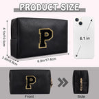 Personalized Initial Preppy Makeup Bag Organizer, Black Small Monogram Cosmetic Bag Travel Toiletry Zipper Pouch for Women, PU Leather Waterproof Make Up Case Proposal Gift for Brides Female(Letter P)