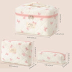 HBselect Quilted Makeup Bag, 3PCS Cotton Large Travel Makeup Bag, Cute Floral Coquette Make up Bag Cosmetic Bag Toiletry Bag for Women Girls