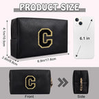 Personalized Initial Preppy Patch Makeup Bag, Small Cute Black Travel Toiletry Pouch Monogram Cosmetic Organizer with Zipper, PU Waterproof Make Up Case Storage Gift for Coworker Teacher Her(Letter C)