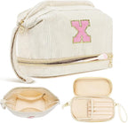 Makeup Bag for Girls Gift, Personalized Christmas Gifts Initial Women Makeup Bag for Travel, Double Layer Cosmetic Bag with Brush Organizer Preppy Make up Bag for Teen Girl Trendy - X