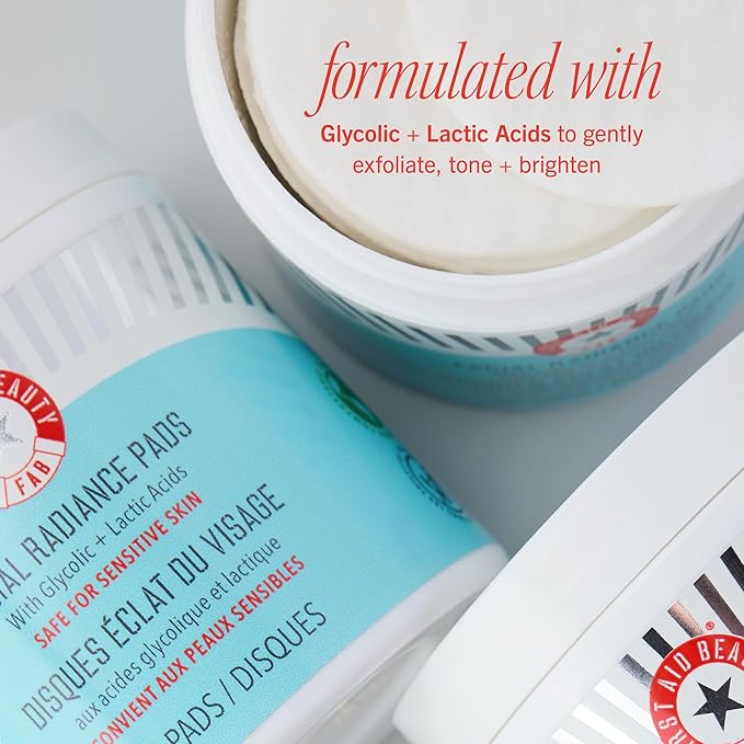 First Aid Beauty - Facial Radiance Pads with Glycolic & Lactic Acids, Daily Exfoliating Pads with AHA, Visibly Smaller Pores, Help Tone & Brighten Skin, One-Step Makeup Prep, Compostable, 60