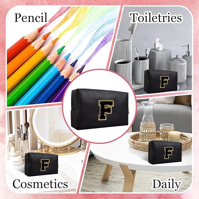 Small Personalized Letter Makeup Bag, Cute PU Leather Chenille Letters Cosmetic Bag Travel Makeup Pouch, Preppy Travel Organizer Zipper Pouch for Women&Girls（Black-F）
