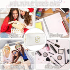 Gifts for Girls Initial Makeup Bag Personalized Cosmetic Bag with Zipper Cute Travel Toiletry Bags Waterproof PU Preppy Makeup Pouch Birthday Gift for Teen Girls Women(White S)
