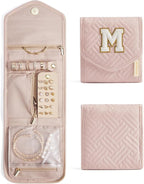 BAGSMART Travel Jewelry Organizer Case M Initial Foldable Jewelry Roll for Journey Rings, Necklaces, Earrings, Bracelets,Mini,Letter M,Soft Pink