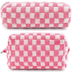 ZLFSRQ 2Pcs Checkered Pencil Case Cute Pencil Pouch for Teens Pink Checkered Makeup Bag Travel Cosmetic Bag Set Cute Preppy Makeup Pouch for Purse Portable Zippered Skincare Toiletry Bags Organizer
