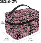Makeup Bag, Roses On Pink Leopard Travel Makeup Organizer Bag Cosmetic Cases Toiletry Bags for Girl Women Ladies