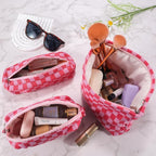 ZLFSRQ 3Pcs Makeup Bag Checkered Cosmetic Bag Set Travel Toiletry Bags for Purse Large Small Makeup Pouch for Women Cute Preppy Pencil Pouch Case Pink Zipper Skincare Bags