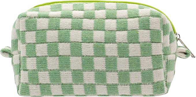 PAZIMIIK Checkered Makeup Bag for Purse Portable Zipper Make Up Pouch Small Cosmetic Case for Travel Accessories (Light Green)