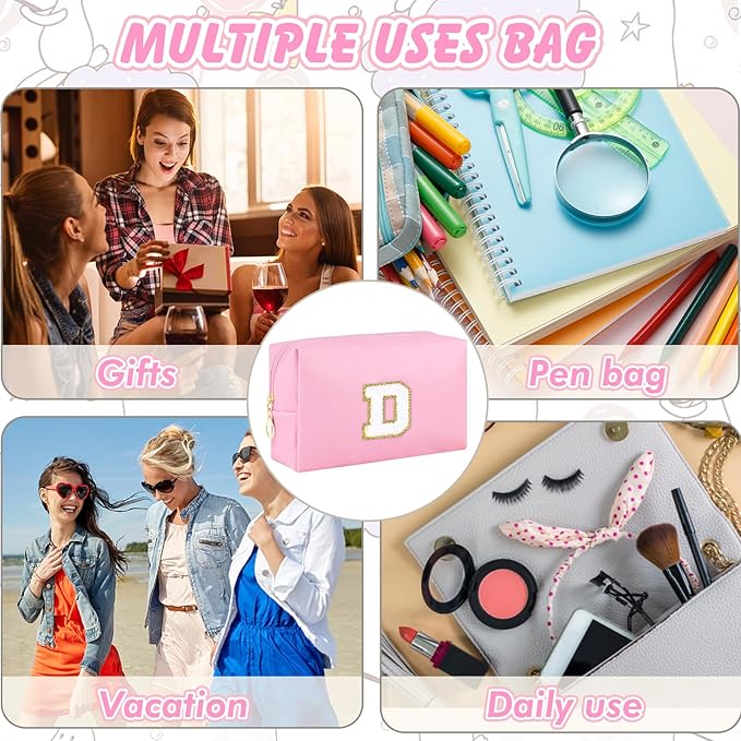 Initial Makeup Bag Personalized Preppy Travel Small PU Cosmetic Bag Pink Makeup Pouch Zipper Toiletry Organizer for Women Girls Mom Friend Bridesmaid Teacher Sister Prom Christmas Gift（D）