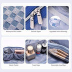 BOYATU Travel Makeup Bag for Women: Large Cosmetic Bag Set of 3 - PU Leather Make up Bag with Compartments - Compact Waterproof Toiletry Bag with Divider & Handle (D-1-Blue)