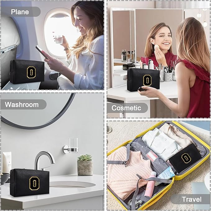 Small Cute Initial Preppy Makeup Bag, Personalized Black Cosmetic Zipper Pouch Chenille Letter Toiletry Bags for Traveling, Waterproof PU Makeup Organizer Travel Essentials for Sister Friend(Letter O)