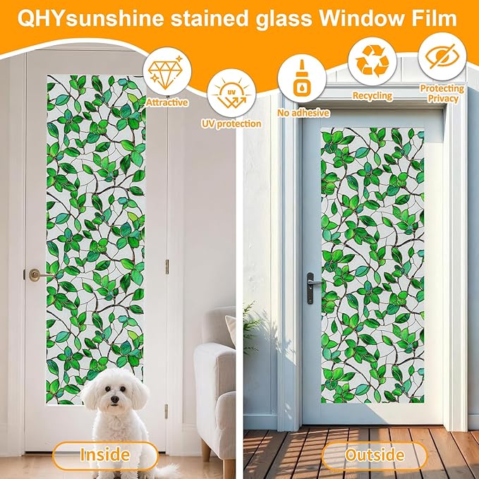 Window Privacy Film Stained Glass Window Film Frosted Window Film Window clings Non-Adhesive Reusable Decorative for Home Removable (Green Frosted, 35.4 X 157.4 in)