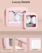 Leather Clear Makeup Bags Set - Travel Clear Cosmetic Bag Case with Zipper, Transparent TSA Approved Toiletry Bags for Travel Essentials Car Accessories for Women (Pink, S+M)