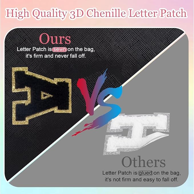 Small Personalized Letter Makeup Bag, Cute PU Leather Chenille Letters Cosmetic Bag Travel Makeup Pouch, Preppy Travel Organizer Zipper Pouch for Women&Girls（Black-S）