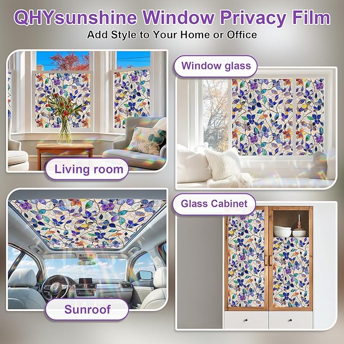 Stained Glass Window Privacy Film Decorative Rainbow Static Clings – Ideal for Home & Office, Adhesive-Free, Removable, UV-Blocking (Purple Rainbow, 35.4 X 78.7 in)