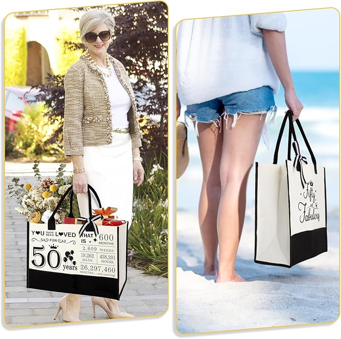50th Birthday Gifts for Women 50 and Fabulous Canvas Tote Bag Travel Gear, Unique 50 Years Old Gifts for Wife Sister Mom Aunt Friends Her, Handbag & Cosmetic Bag & 50 Birthday Poster