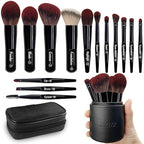 Jilier Travel Makeup Brush Set, 14 pcs Mini Makeup Brushes for Foundation, Powder, Eyeshadow, Highlight, Contour, Blush & Concealer, Small Makeup Brush Set Purse Size with Case (Black)