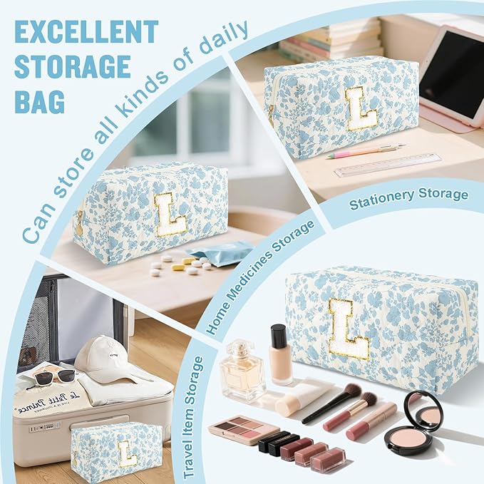 Personalized Quilted Cosmetic Bag, Puffy Monogrammed Christmas Birthday Gifts for Women & Girls, Cute initial Floral Makeup Bag Puffer Coquette Bag, Aesthetic Travel Toiletry Zipper Pouch(Blue,L)