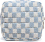 Small Blue Makeup Bag for Purse, Mini Checkered Cosmetic Bag Zipper Cute Make Up Pouch Travel Toiletry Case Quilted Aesthetic Accessories Makeup Storage Bag Organizer for Women Girls