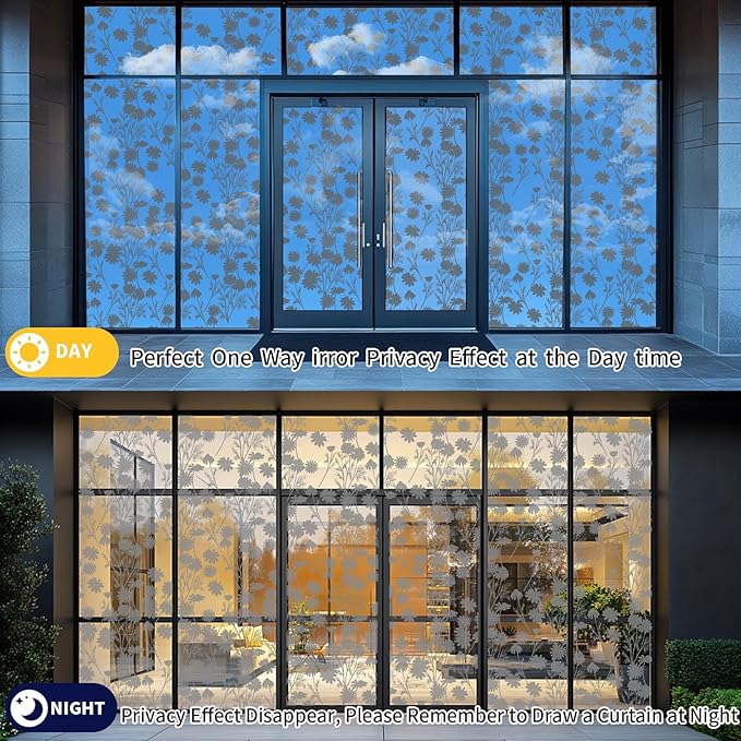 One Way Privacy Film, Window Tint for Home,Daytime Reflective, Anti UV Static Cling Sliding Door Coverings No Glue Garage Solar Paper (Black - Silver-Daisy, 23.6 x 157.4 in)