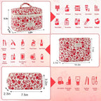 3Pcs Cotton Quilted Makeup Bag for Women Girls Large Small Travel Floral Cosmetic Bag Set Hot Pink Floral Print Zipper Make Up Pouch Aesthetic Cloth Flower Storage Toiletry Bags Organizer
