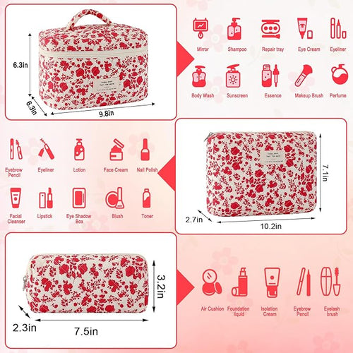 3Pcs Cotton Quilted Makeup Bag for Women Girls Large Small Travel Floral Cosmetic Bag Set Hot Pink Floral Print Zipper Make Up Pouch Aesthetic Cloth Flower Storage Toiletry Bags Organizer