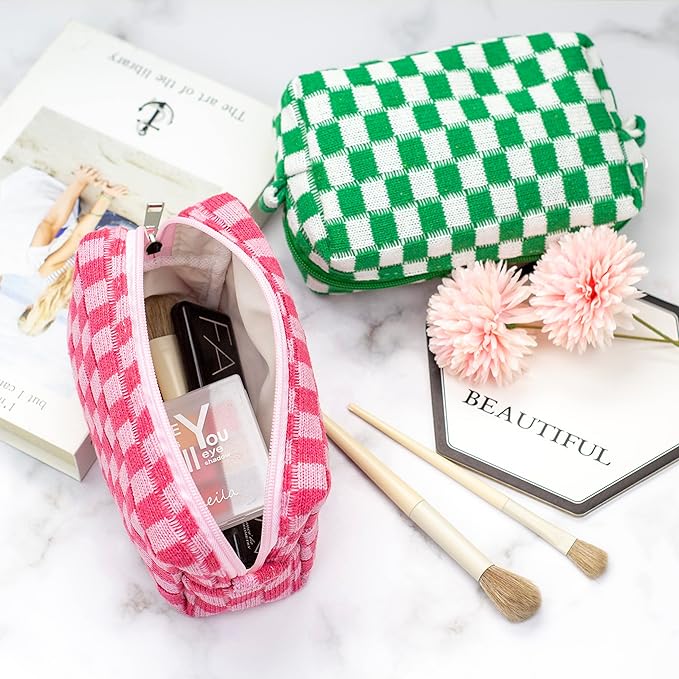 PAZIMIIK Checkered Makeup Bag for Purse Portable Zipper Make Up Pouch Small Cosmetic Case for Travel Accessories (2PCS Hotpink)