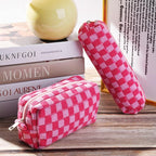 SOIDRAM Checkered Cosmetic Bag and Makeup Brush Storage Bag - Pink Travel Toiletry Organizer