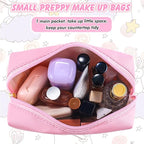 Initial Makeup Bag Personalized Preppy Travel Small Cosmetic Bag Cute PU Pink Chenille Letter Makeup Pouch for Purse Waterproof Zippered Toiletry Organizer for Women Girls Kids Friends (W)