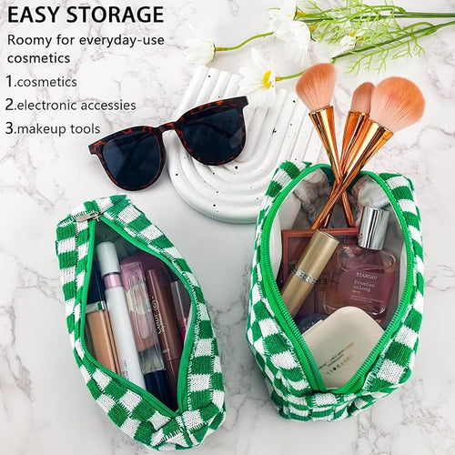 2Pcs Checkered Pencil Case Cute Pencil Pouch for Teens Checkered Makeup Bag Travel Cosmetic Bag Set Cute Makeup Pouch for Purse Portable Zippered Skincare Bags Preppy Toiletry Bags Organizer(Green)