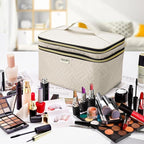 8.8L Double Layer Travel Makeup Bag With Mirror For Women, Large Cosmetic Case, Organizer for Travel-Size Accessories Bottles, Brushes,and Skin Care Products, 2.33 GAL, Beige