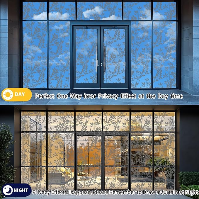 One Way Privacy Film, Window Tint for Home,Daytime Reflective, Anti UV Static Cling Sliding Door Coverings No Glue Garage Solar Paper (Black - Silver-Leaves, 17.5 x 78.7 in)