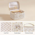 HBselect Quilted Makeup Bag, 3PCS Cotton Large Travel Makeup Bag, Cute Floral Coquette Make up Bag Cosmetic Bag Toiletry Bag for Women Girls